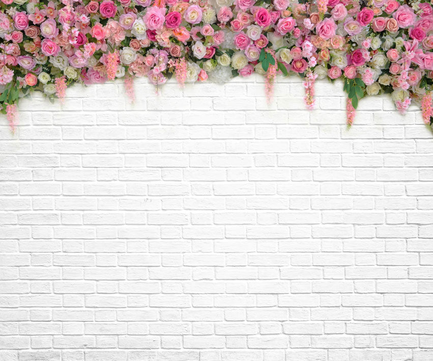 Kate Spring Colorful Flower White Brick Wall Backdrop
