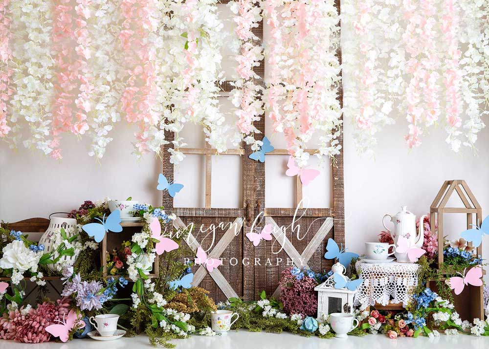 Kate Summer Tea Party Butterfly Barn Door Backdrop Designed by Megan Leigh Photography
