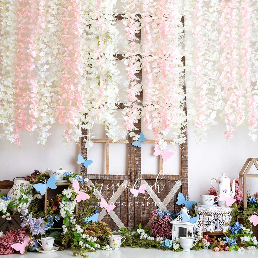 Kate Summer Tea Party Butterfly Barn Door Backdrop Designed by Megan Leigh Photography - Kate Backdrop AU