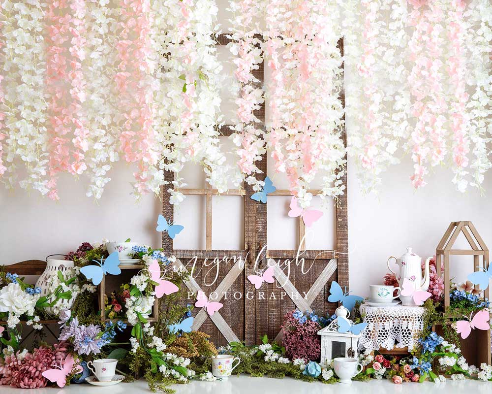 Kate Summer Tea Party Butterfly Barn Door Backdrop Designed by Megan Leigh Photography