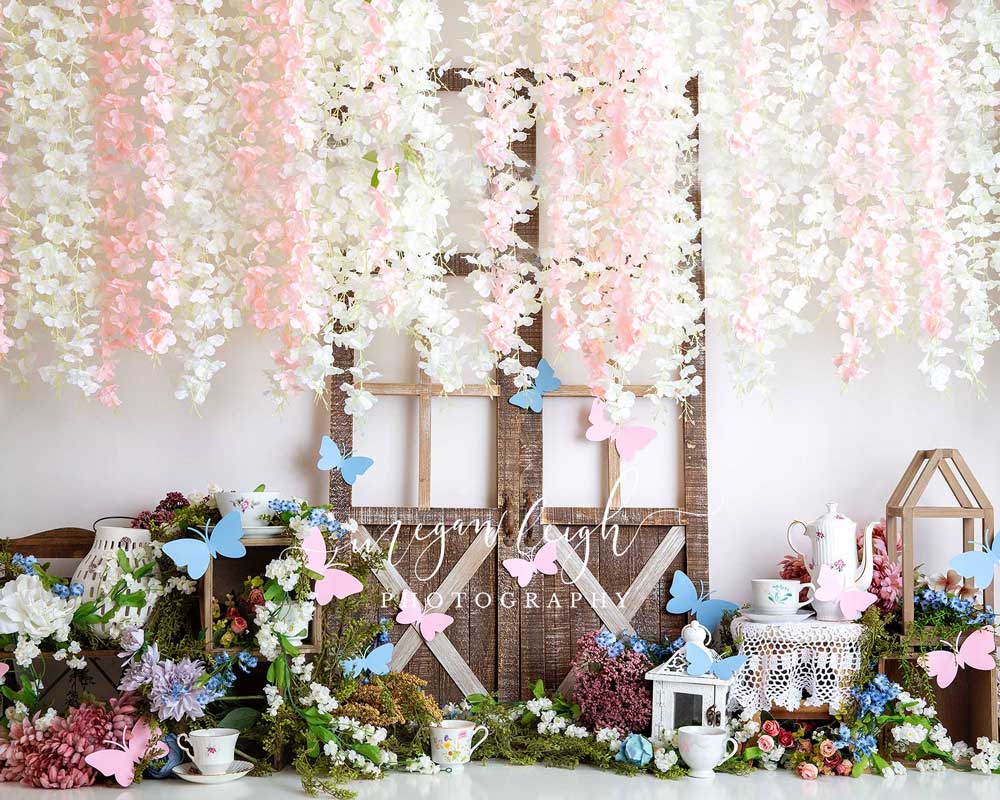 Kate Summer Tea Party Butterfly Barn Door Backdrop Designed by Megan Leigh Photography - Kate Backdrop AU