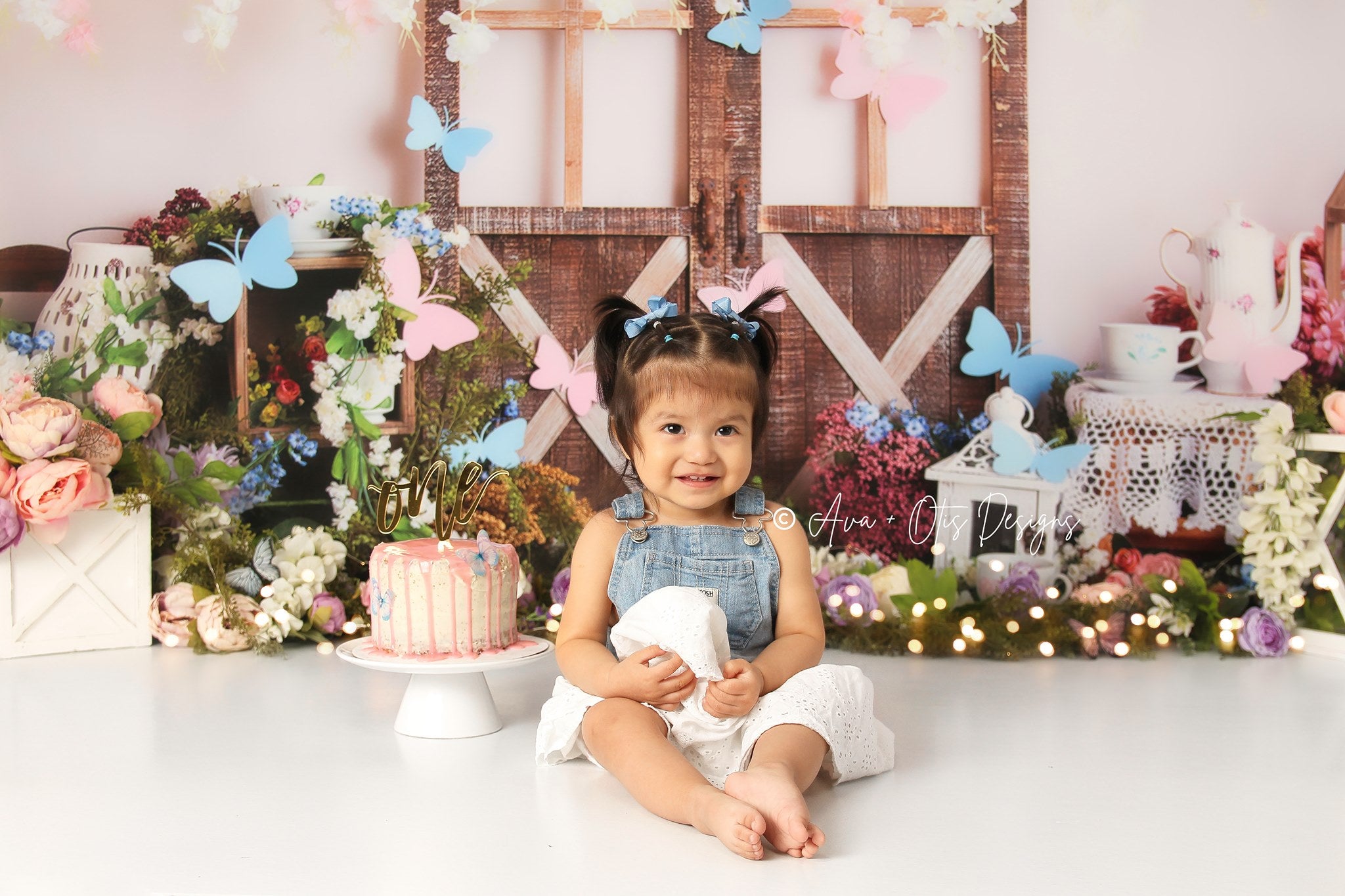 Kate Summer Tea Party Butterfly Barn Door Backdrop Designed by Megan Leigh Photography - Kate Backdrop AU