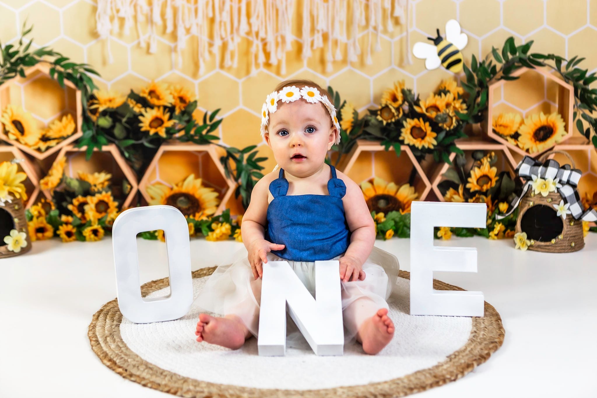 Kate Honeycomb Backdrop Yellow Boho Sunflower Cake Smash Designed by Emetselch - Kate Backdrop AU