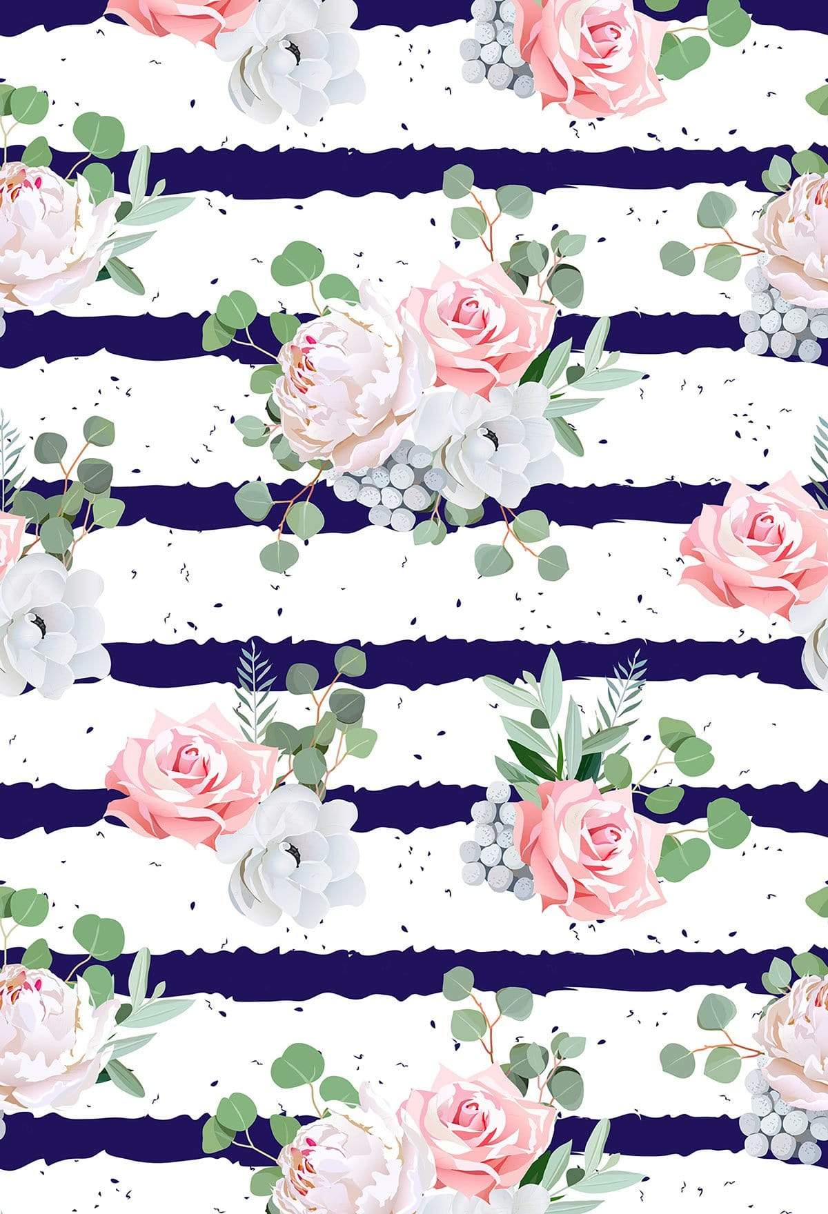 Kate Blue And White Striped Background With Pink And White Flows Fresh Backdrop for Photography