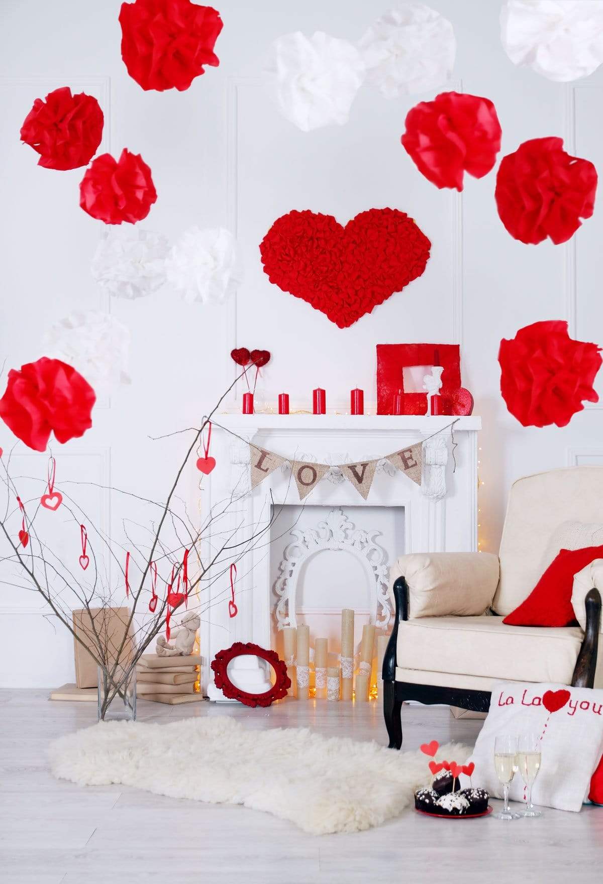 Kate Valentine's Day Fireplace Red Flowers And Hearts Backdrop for Photography
