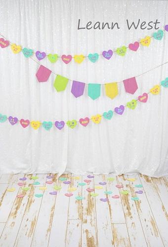 Kate White Curtain with Colored Banners Valentine's Day Backdrop Designed by Leann West - Kate Backdrop AU