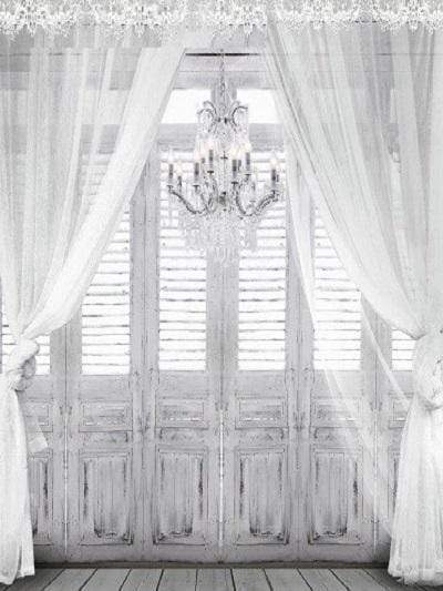 Kate windows with white sheer curtains chandelier Wedding Backdrop