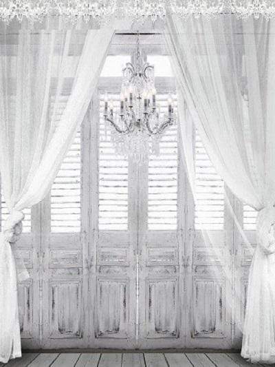 Kate windows with white sheer curtains chandelier Wedding Backdrop - Kate Backdrop AU