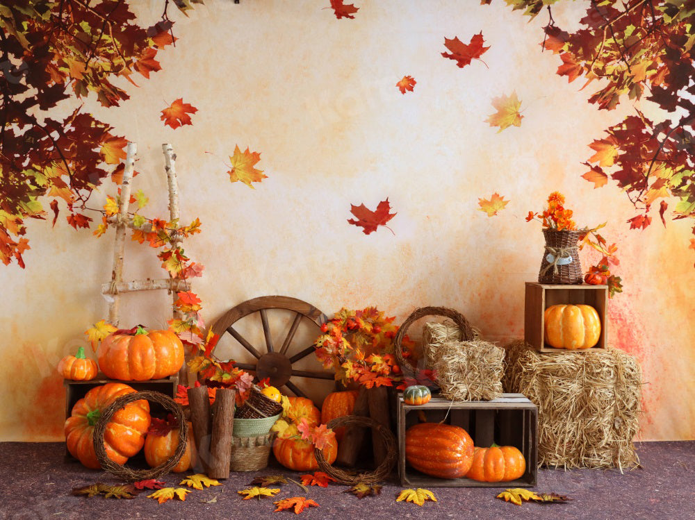 Kate Autumn Backdrop Pumpkins Maple Leaves Farm Ladder for Photography