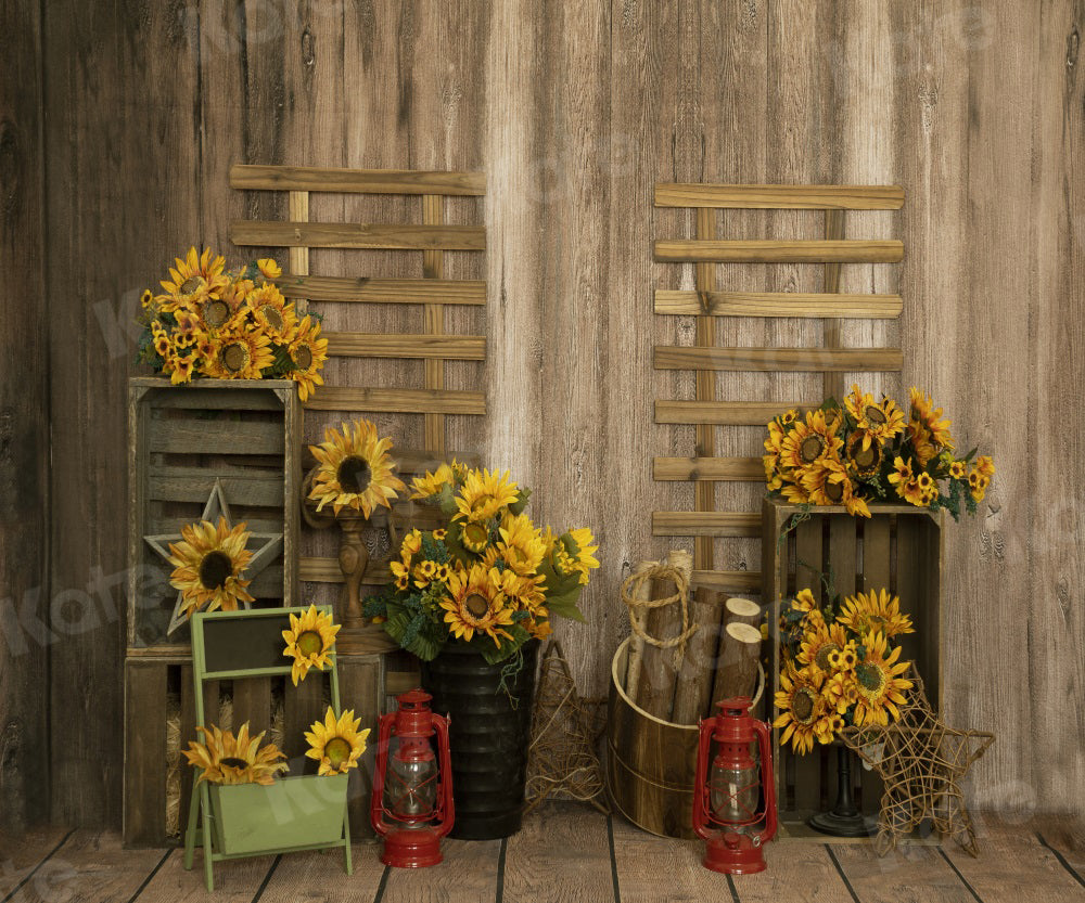 Kate Autumn Backdrop Sunflower Artistic Wood Grain for Photography