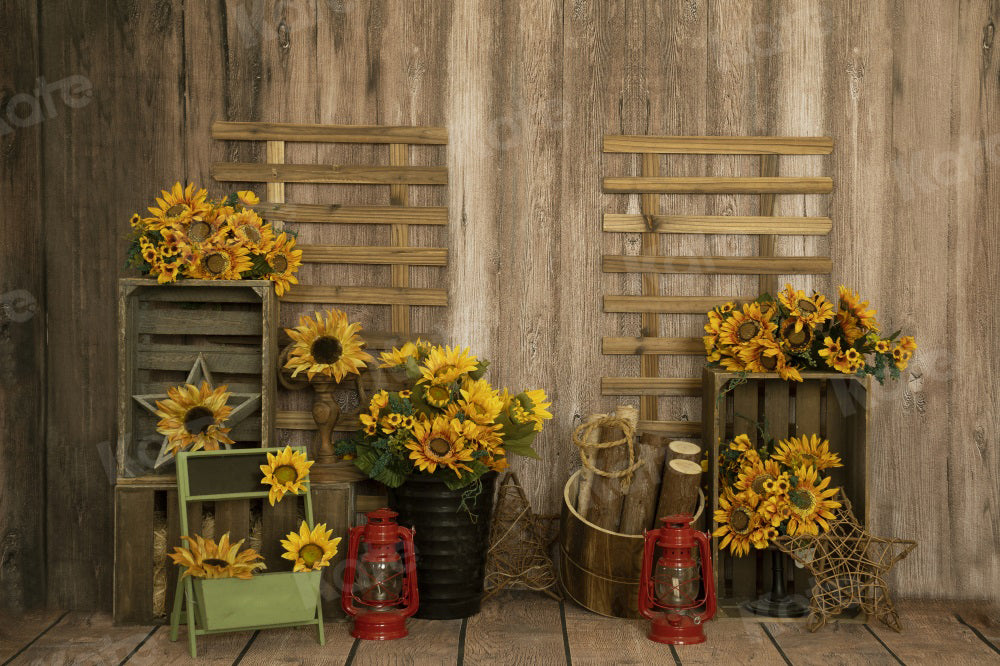 Kate Autumn Backdrop Sunflower Artistic Wood Grain for Photography