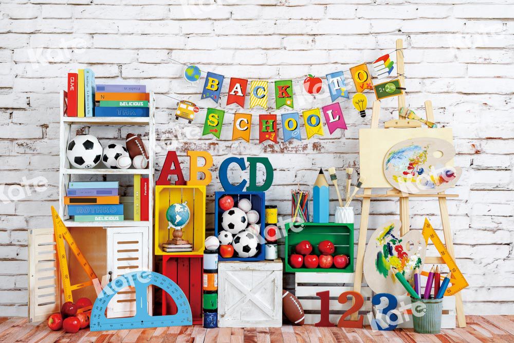 Kate Back to School Backdrop Painter Football White Brick Wall Designed by Emetselch - Kate Backdrop AU