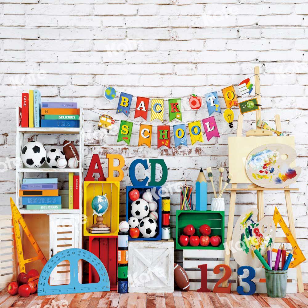 Kate Back to School Backdrop Painter Football White Brick Wall Designed by Emetselch - Kate Backdrop AU