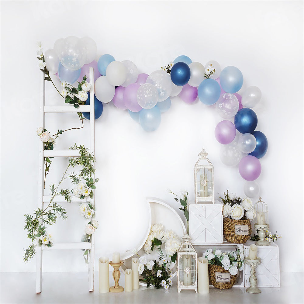 Kate Birthday Backdrop Balloons Stair White Wall for Photography - Kate Backdrop AU