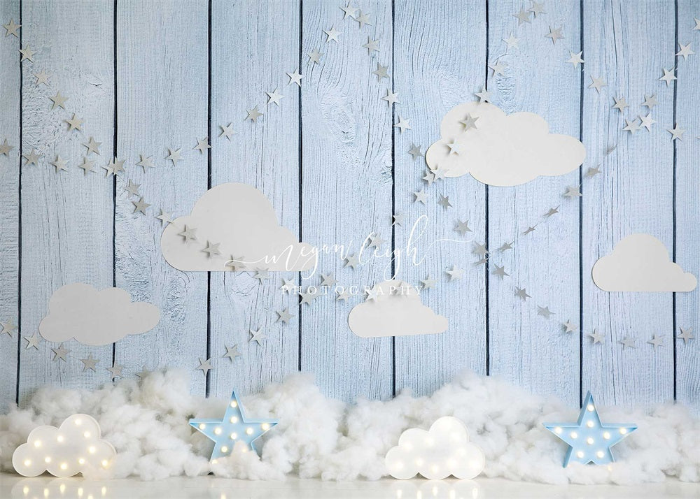Kate Blue Skies Backdrop Wood Grain Clouds for Photography Designed by Megan Leigh Photography