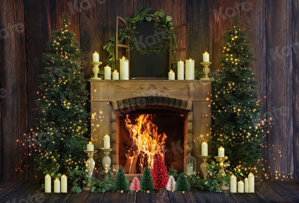 Kate Christmas Fireplace Backdrop Wood Grain Candle for Photography - Kate Backdrop AU