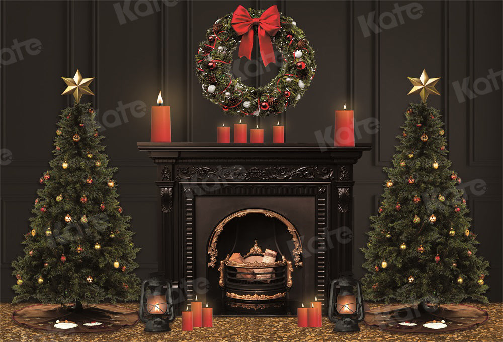 Kate Christmas Tree Backdrop Black Fireplace Vintage Wall for Photography