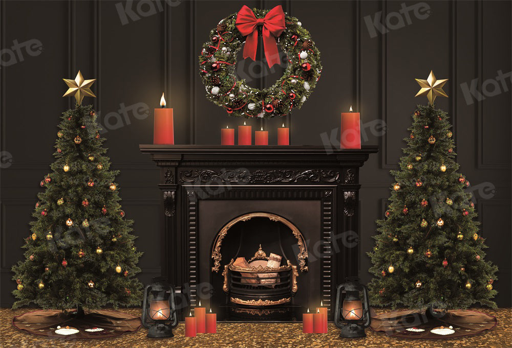 Kate Christmas Tree Backdrop Black Fireplace Vintage Wall for Photography - Kate Backdrop AU