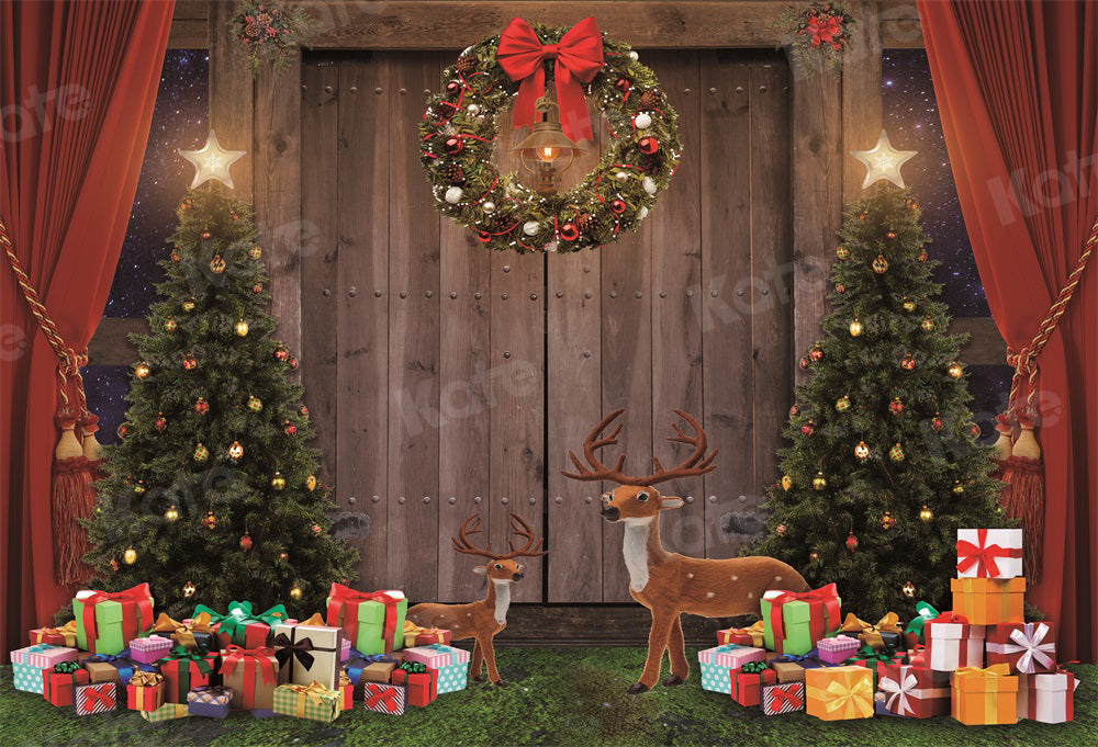 Kate Christmas Tree Backdrop Wooden Door Elk Starry Sky Gift for Photography