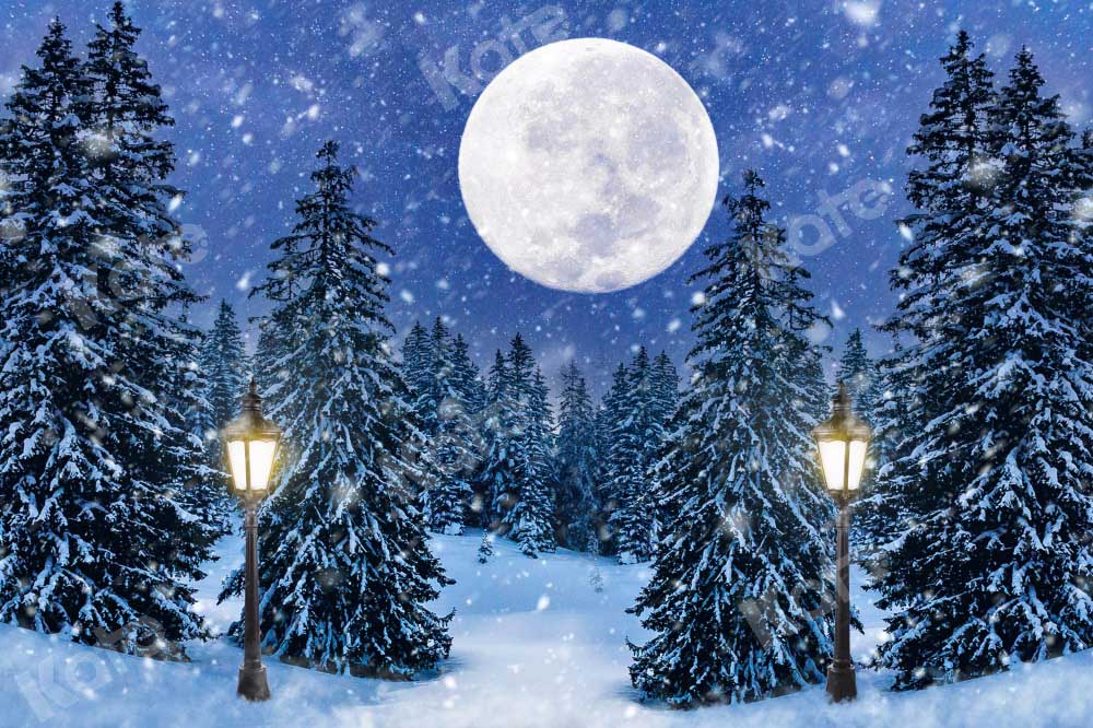 Kate Winter Christmas Tree Backdrop Forest Moon Snow Designed by Chain Photography