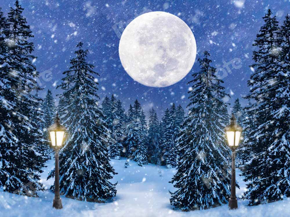 Kate Winter Christmas Tree Backdrop Forest Moon Snow Designed by Chain Photography
