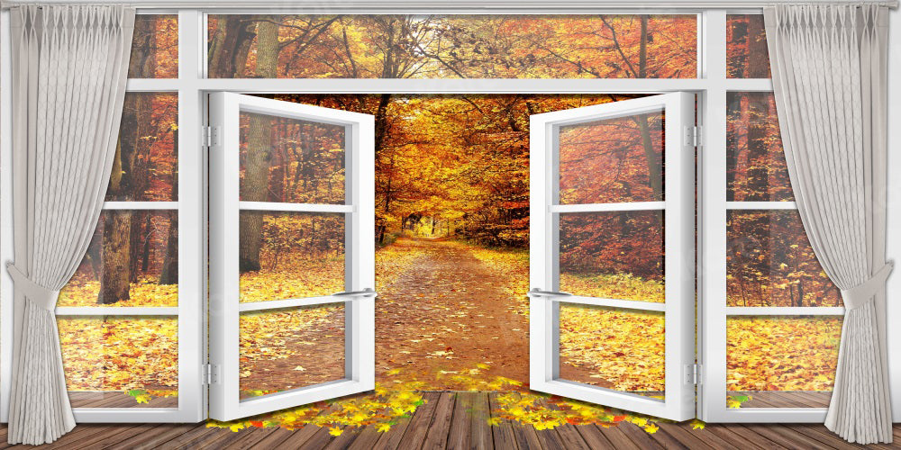 Kate Golden Autumn Backdrop Deciduous Forest White Doors  Windows for Photography