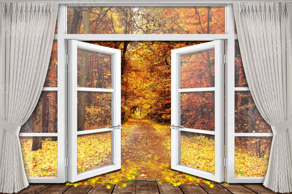 Kate Golden Autumn Backdrop Deciduous Forest White Doors  Windows for Photography