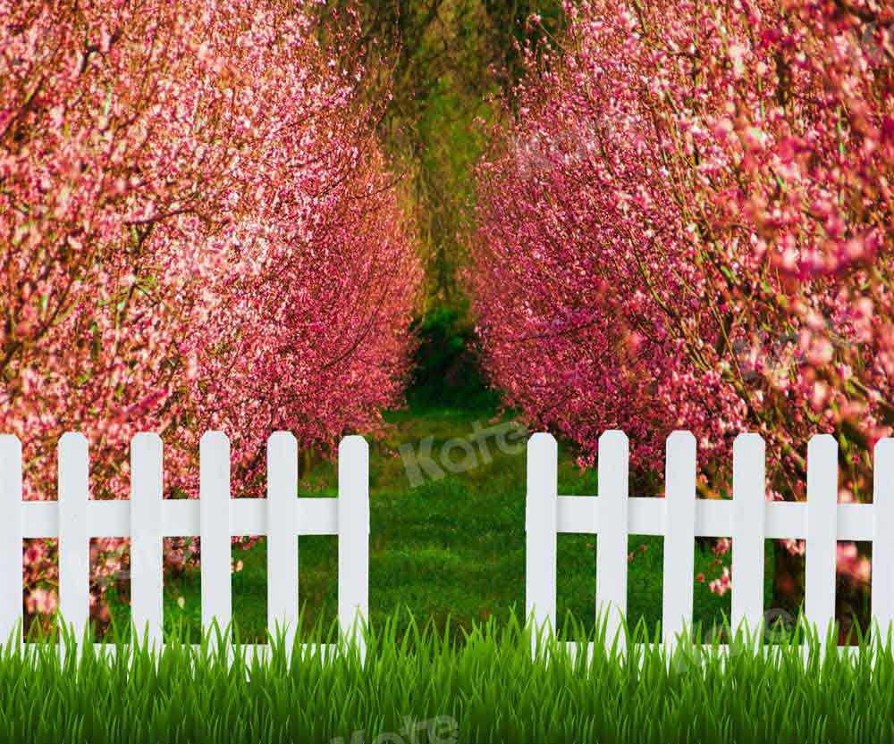 Kate Spring Backdrop Pink Tree Fence Garden Flower Designed by Chain Photography - Kate Backdrop AU