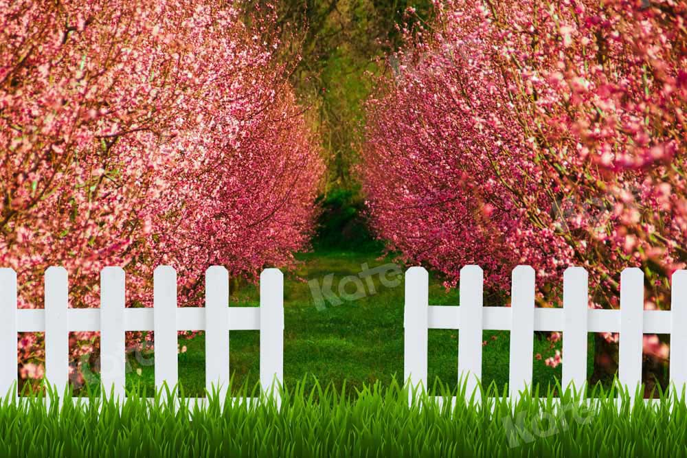 Kate Spring Backdrop Pink Tree Fence Garden Flower Designed by Chain Photography