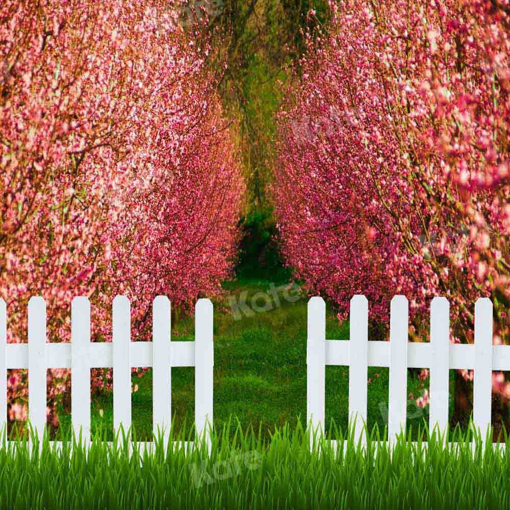 Kate Spring Backdrop Pink Tree Fence Garden Flower Designed by Chain Photography
