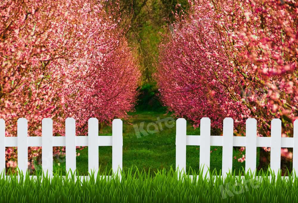 Kate Spring Backdrop Pink Tree Fence Garden Flower Designed by Chain Photography