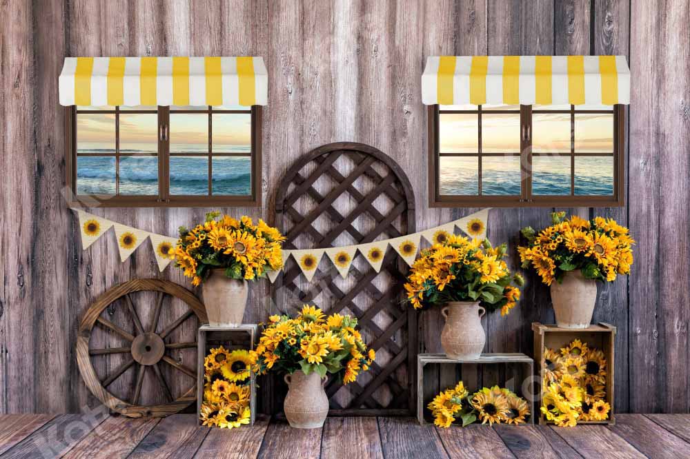 Kate Summer Seaside Sunflower Backdrop Wood Grain Seaside Designed by Emetselch