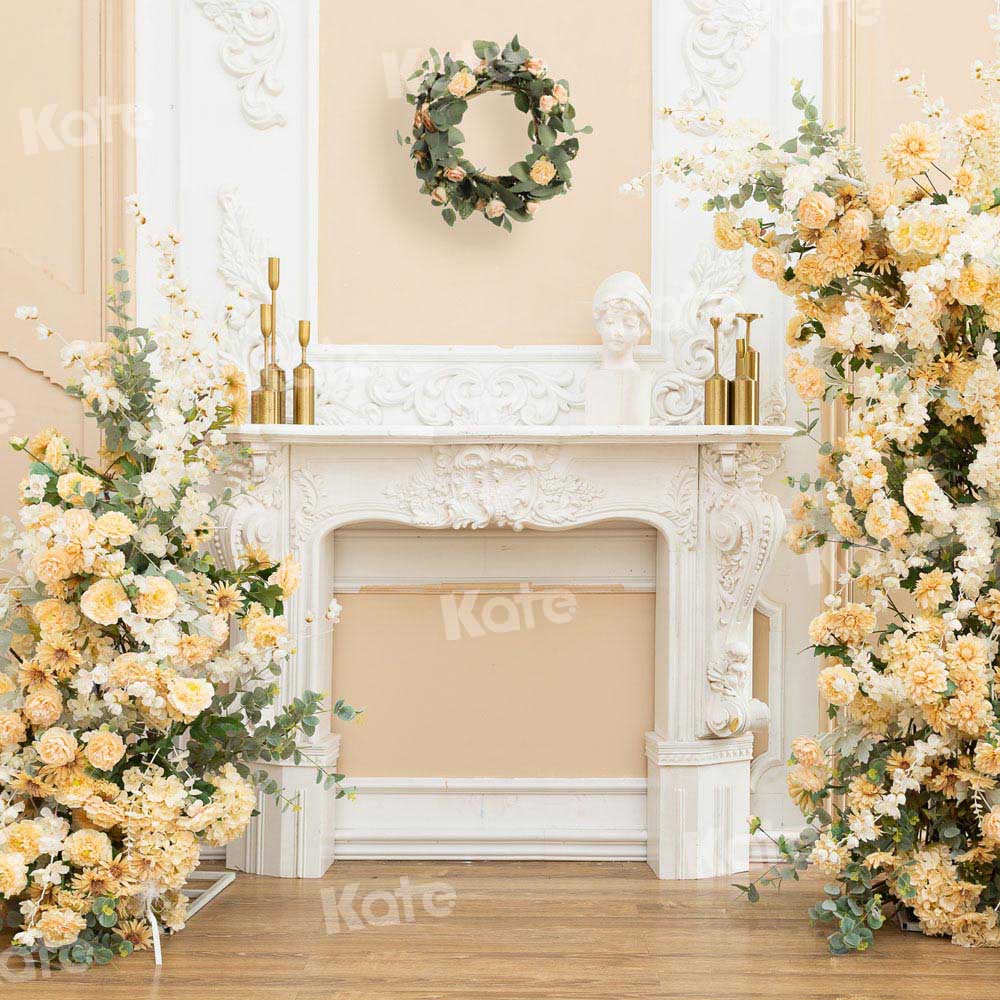 Kate White Fireplace Backdrop Bouquet Flowers Designed by Chain Photography