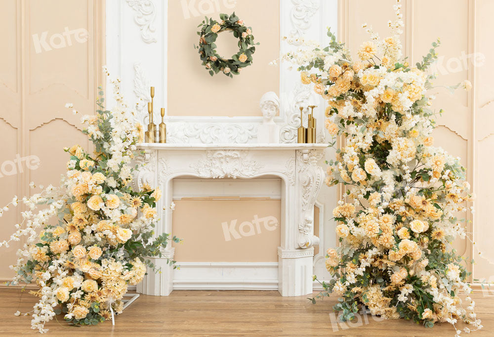 Kate White Fireplace Backdrop Bouquet Flowers Designed by Chain Photography