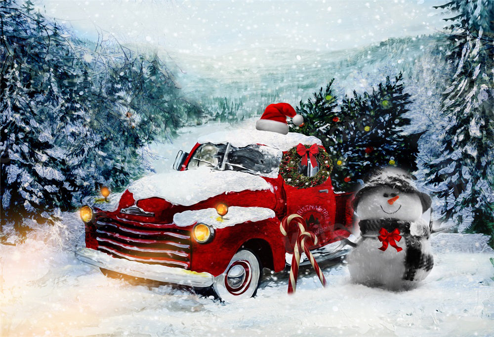 Kate Winter Christmas Backdrop Red Truck Snowman for Photography