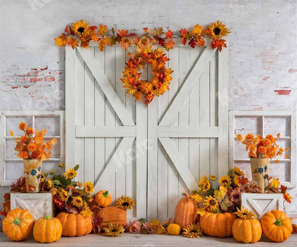 Kate Autumn Pumpkin Backdrop White Barn Door Fallen leaves Designed by Emetselch