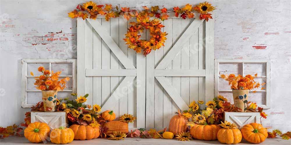 Kate Autumn Pumpkin Backdrop White Barn Door Fallen leaves Designed by Emetselch - Kate Backdrop AU