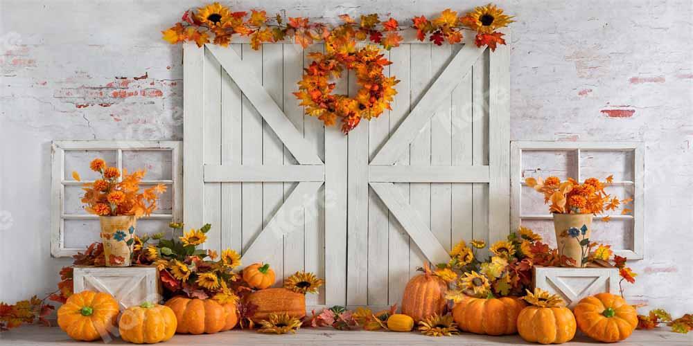 Kate Autumn Pumpkin Backdrop White Barn Door Fallen leaves Designed by Emetselch