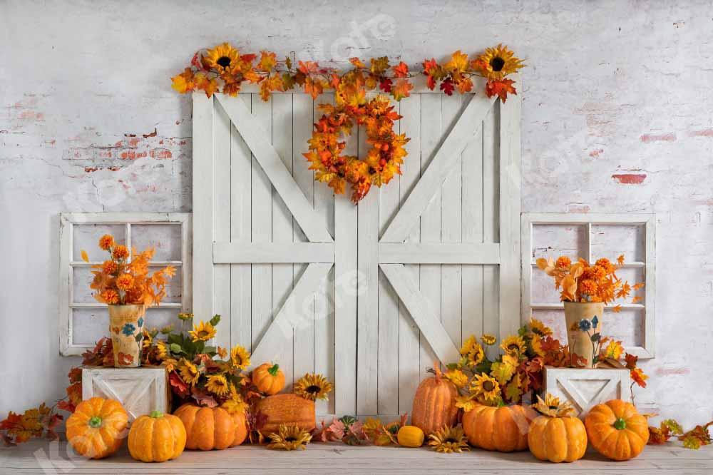 Kate Autumn Pumpkin Backdrop White Barn Door Fallen leaves Designed by Emetselch