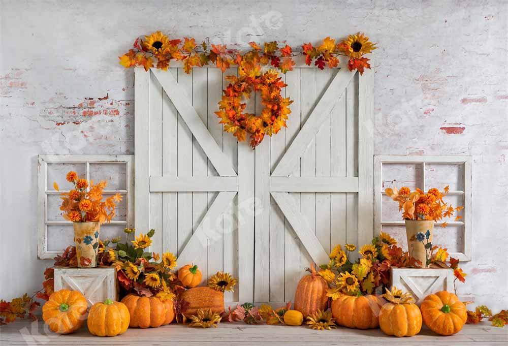 Kate Autumn Pumpkin Backdrop White Barn Door Fallen leaves Designed by Emetselch - Kate Backdrop AU