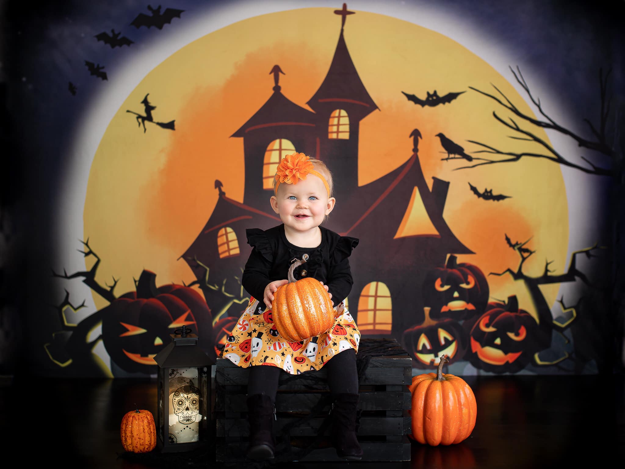 Kate Halloween Backdrop Pumpkins Witch House Designed by Chain Photography