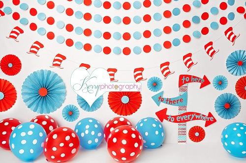 Kate Hat and Red and Blue Balloon Birthday Backdrop for Photography Designed by Kerry Anderson - Kate Backdrop AU