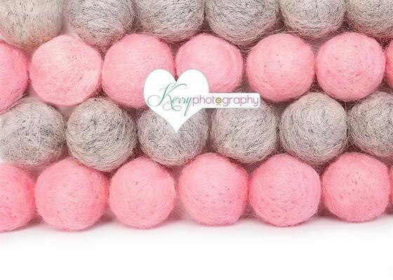 Kate Pink and Gray Pom Pom Ball Wall Birthday Backdrop for Photography Designed by Kerry Anderson