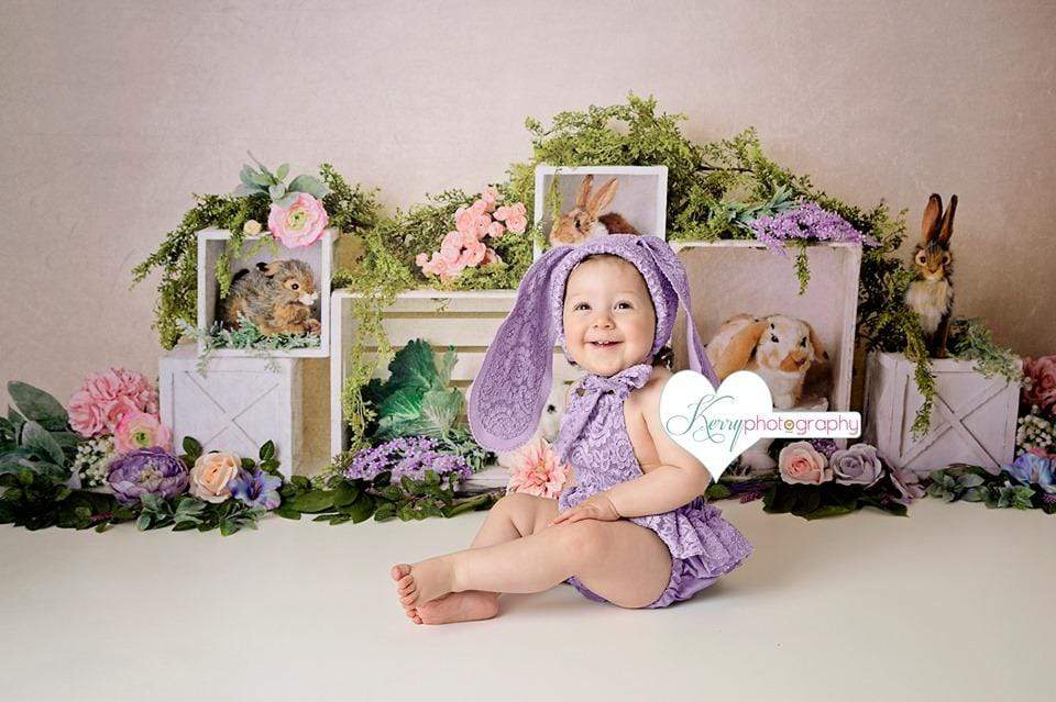 Kate Spring Rabbits Flowers Children Easter Backdrop for Photography Designed by Mandy Ringe Photography