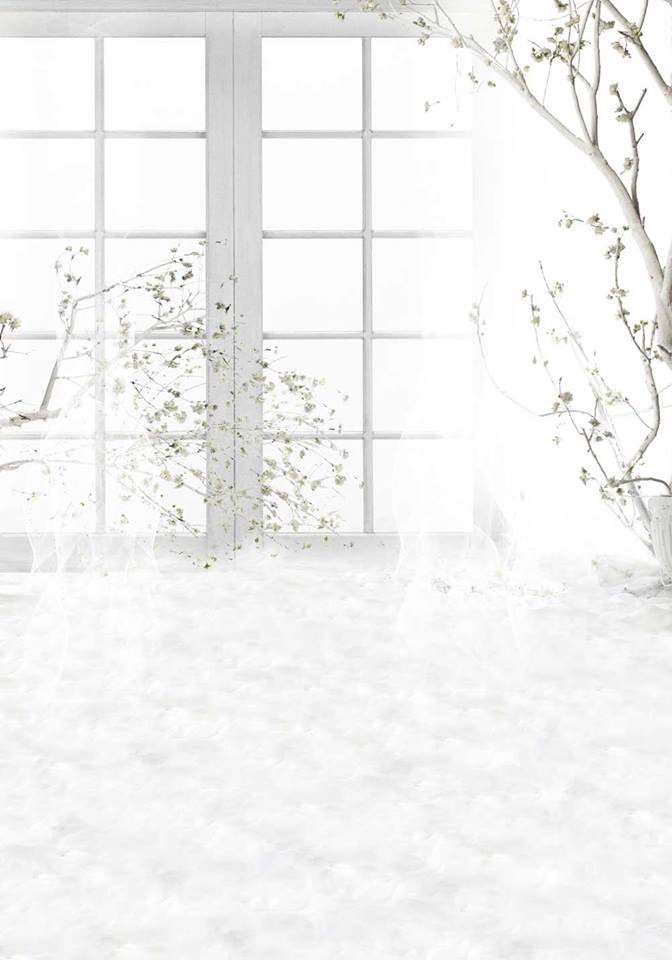 Kate White Windows With Curtains Spring Rattan Backdrop - Kate Backdrop AU