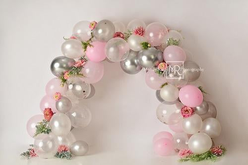 Kate Pink and Silver Floral Balloon Arch Backdrop Designed by Mandy Ringe Photography