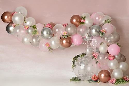 Kate Pink White and Rose Gold Floral Balloon Arch Backdrop Cake Smash Designed by Mandy Ringe Photography