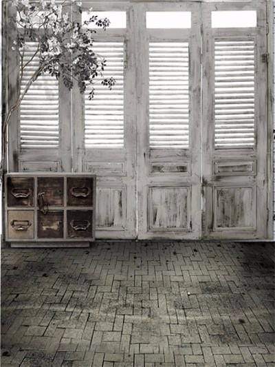 Katebackdrop£ºKate Wood White Door Backdrops Dark Brick Floor Indoor