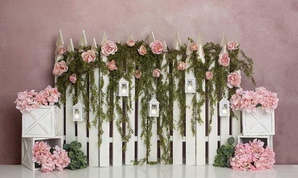 Kate Spring/Mother's Day Pink Floral IVY Fence Backdrop Designed by Lisa B - Kate Backdrop AU