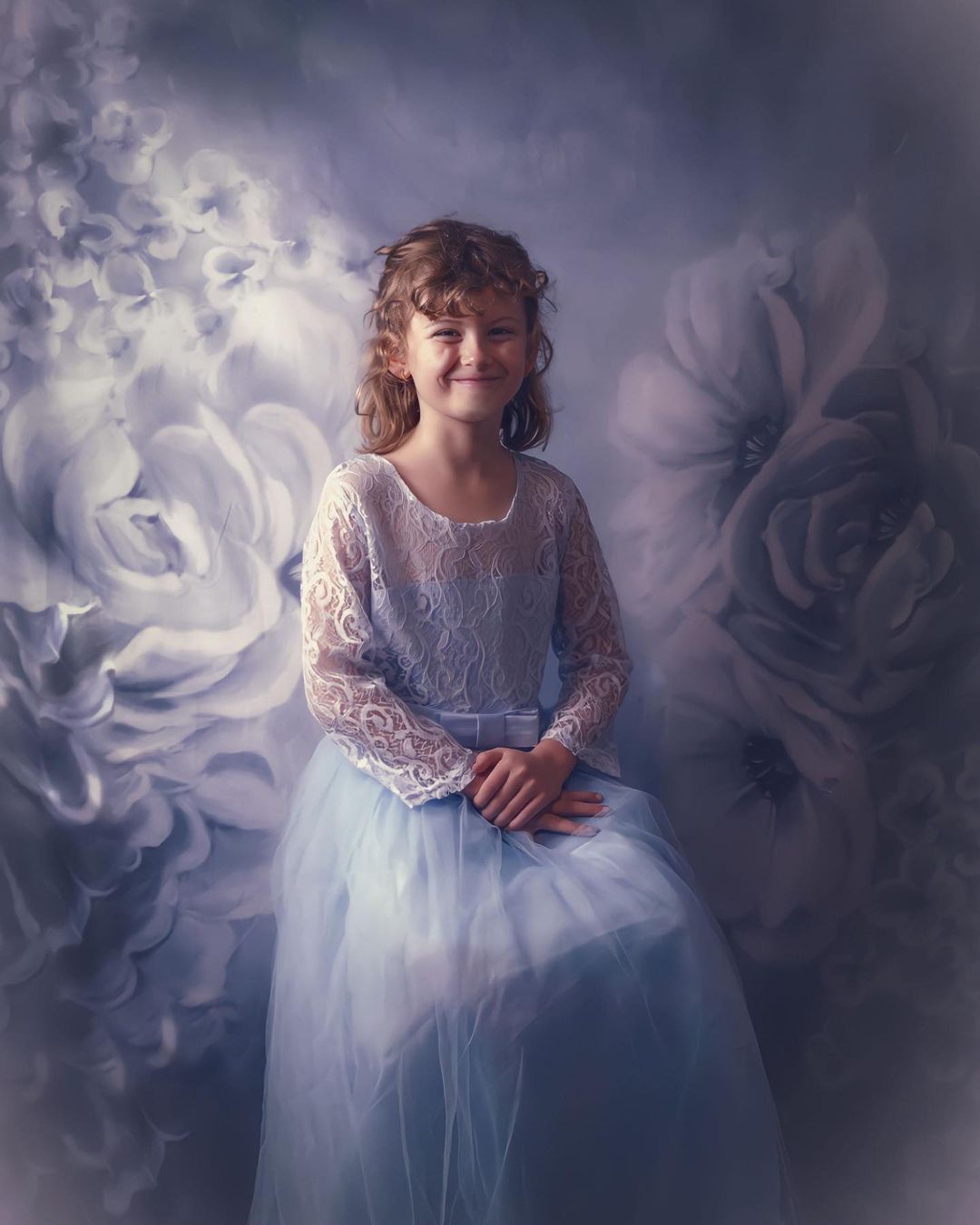 Kate Fine Art Flowers Gray Backdrop Portrait Photography Designed by JS Photography